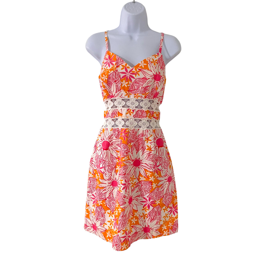 Lilly Pulitzer VINTAGE Y2K White Label ORANGE PINK FLORAL DRESS Sz 8 Tropical